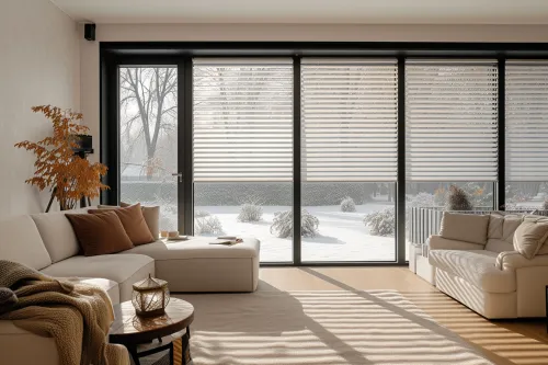 Store en PVC blanc installé sur une fenêtre offrant une isolation thermique et phonique performante