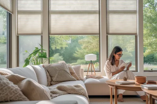 Store alvéolaire blanc filtrant la lumière naturelle dans un intérieur moderne et lumineux